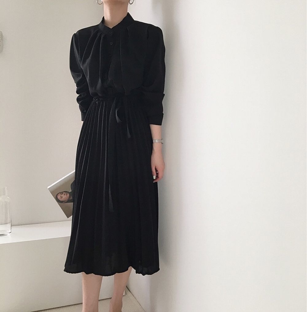 Autumn Elegant Stand Collar Long Dress Women Vintage Chiffon Long Sleeve Party Dress Casual Vestidos Woman Clothing 210518