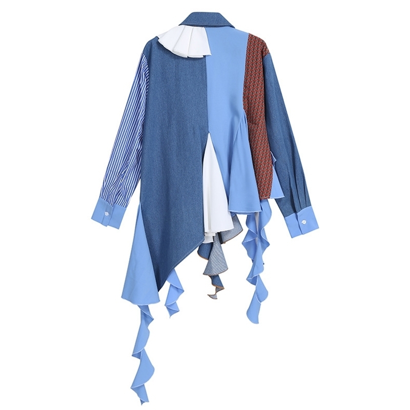 Patchwork Striped Vintage Print Shirt For Women Lapel Collar Ruched Tassel Korean Spring Shirts Emale Fashion 210524