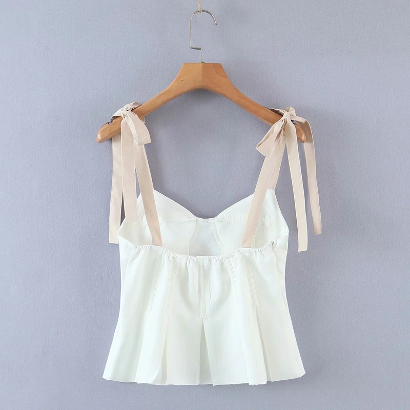 Nomikuma Spring Summer Bow Tie Sling Vest Korean Pleated Slim Waist Ruffle Women Tanks Tops Causal Short Camis Femme 6F079 210427