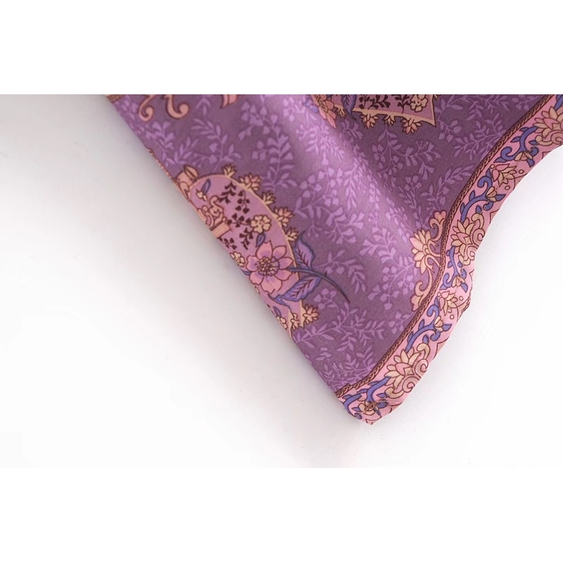 Bohemia Bandage Lacing up Collar Lavender Floral Print Dress Ethnic Woman Hit Color Long Sleeve Maxi Holiday Dresses 210429