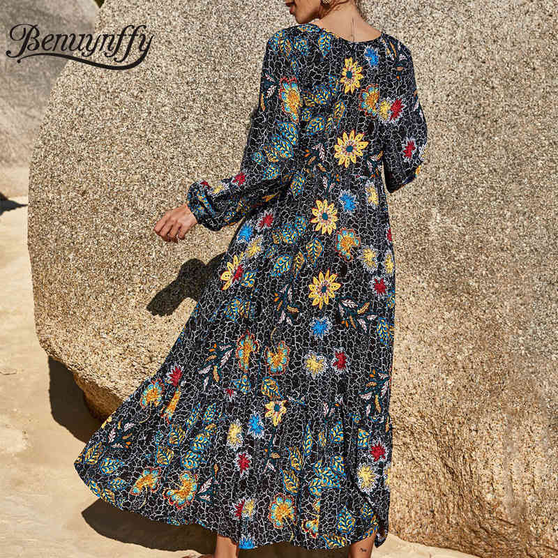 Tie Neck Spring Print Long Maxi Dresses Women Holiday Casual High Waist Sleeve Pleated Swing Dress Clothing 210510