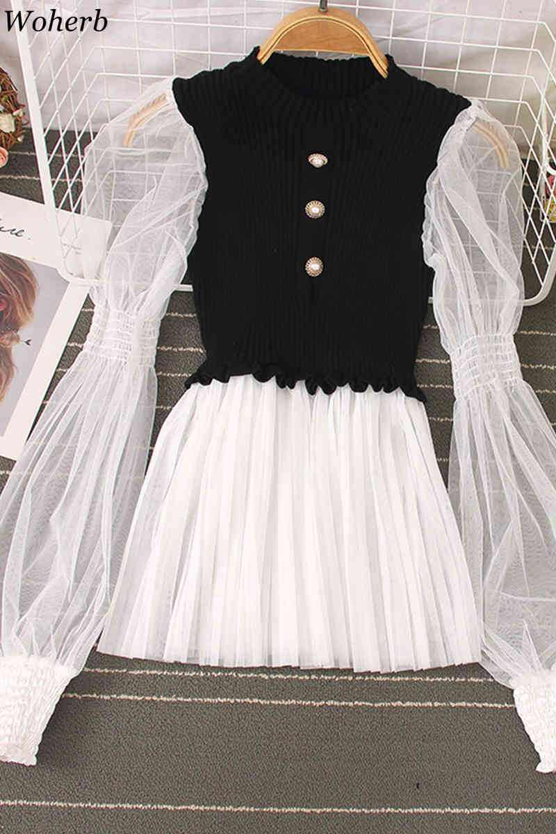 Chic Korean Blouse Women O-neck Pleated Ruffles Shirts Knitted Patchwork Gauze Blouses Lantern Sleeve Sweet Tops 210519