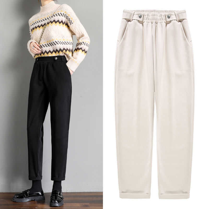 Women Woolen Pants Autumn Winter Casual Solid Elastic Waist Harem pants full length Trousers S-XXL 211006