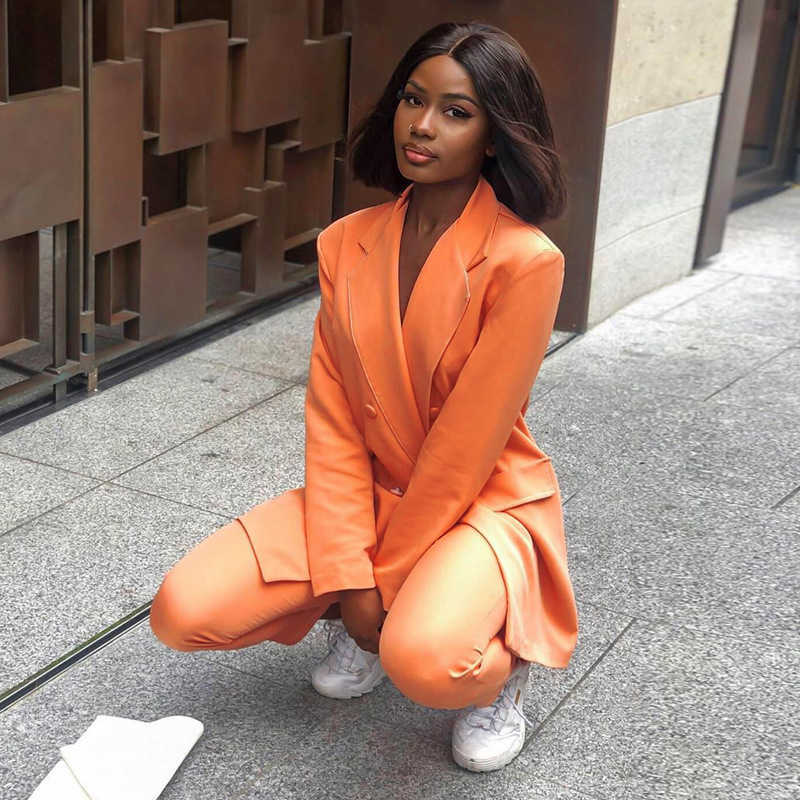 Neon Pocket Double Breasted Blazer Long Sleeve Slim Elegant Coat Jacket Women Spring Lengthen Windbreak Pure Orange Outfit 210930