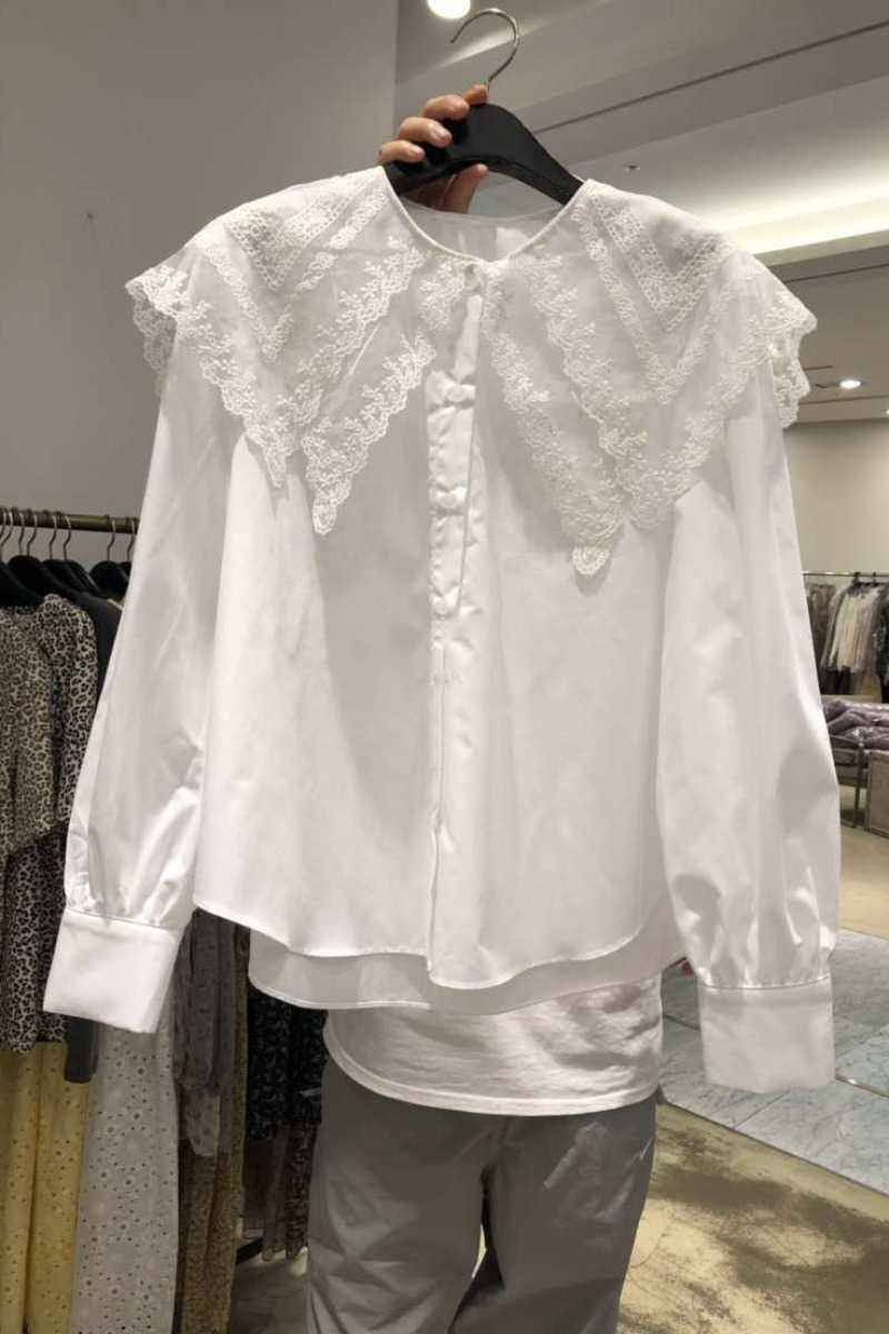 Spring All Match Solid Lace Patchwork Peter Pan Collar Full White Shirt Women's Loose Top 210615