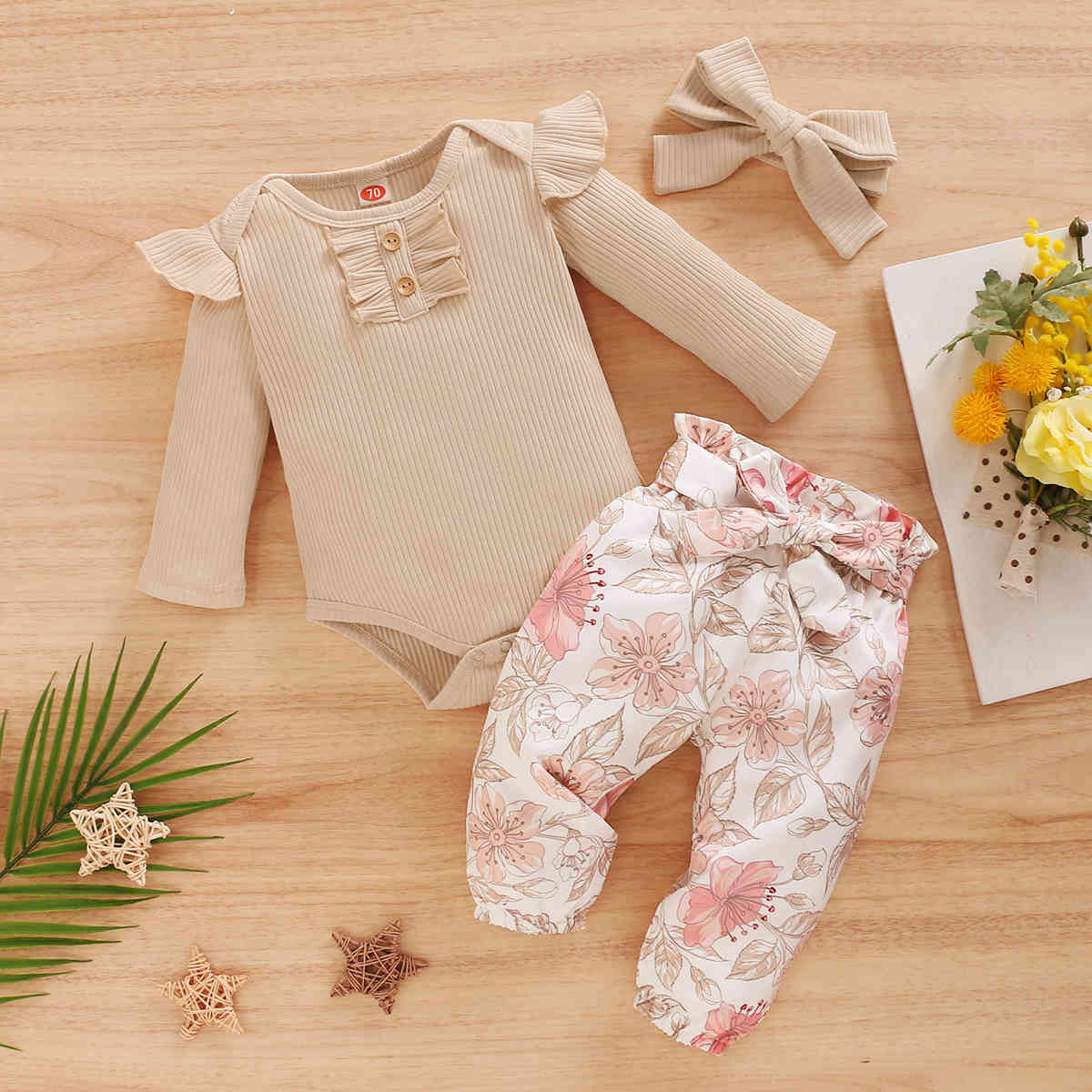 3-24M Autumn Spring born Infant Toddler Baby Girl Flower Clothes Set Knitted Romper Floral Pant Outfits Clothing 210515