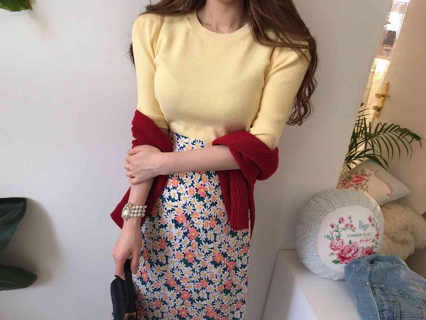 Fashion 2 Piece Set summer Women Knitted O Neck Puff Sleeve T Shirts + High Waist Floral Print Long Skirt 210519