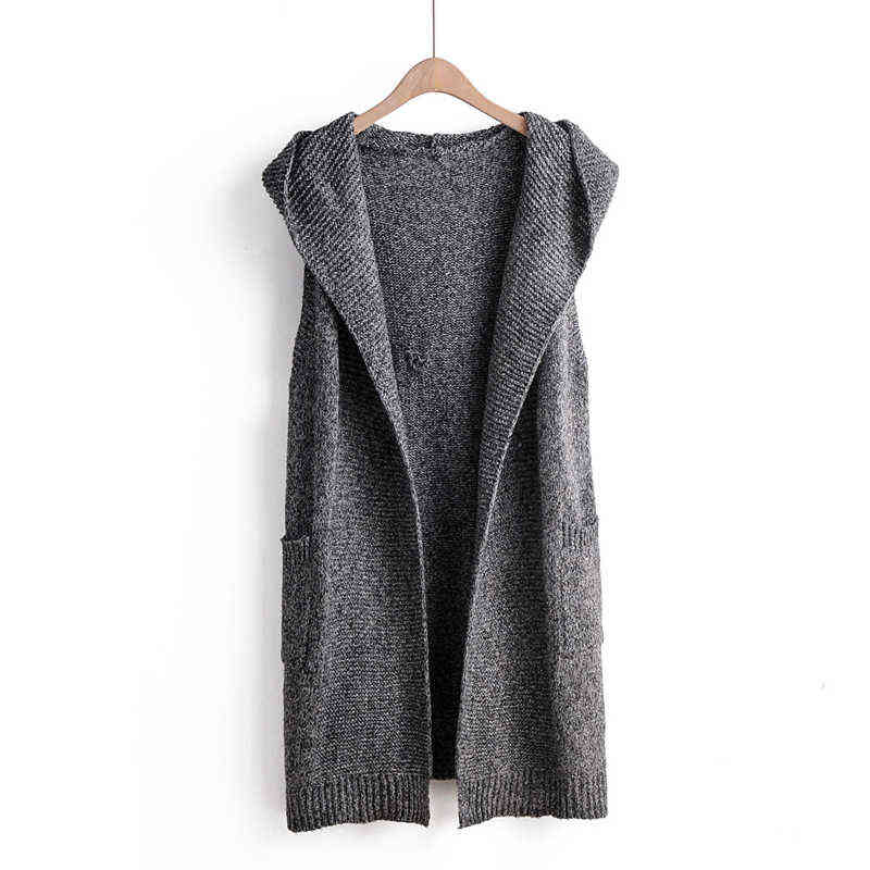 Women Outwear Knitted Vest Hooded Autumn Winter WaistCoat Long Solid Open Stitch Sleeveless Cardigan Female Vests Sweater 211120