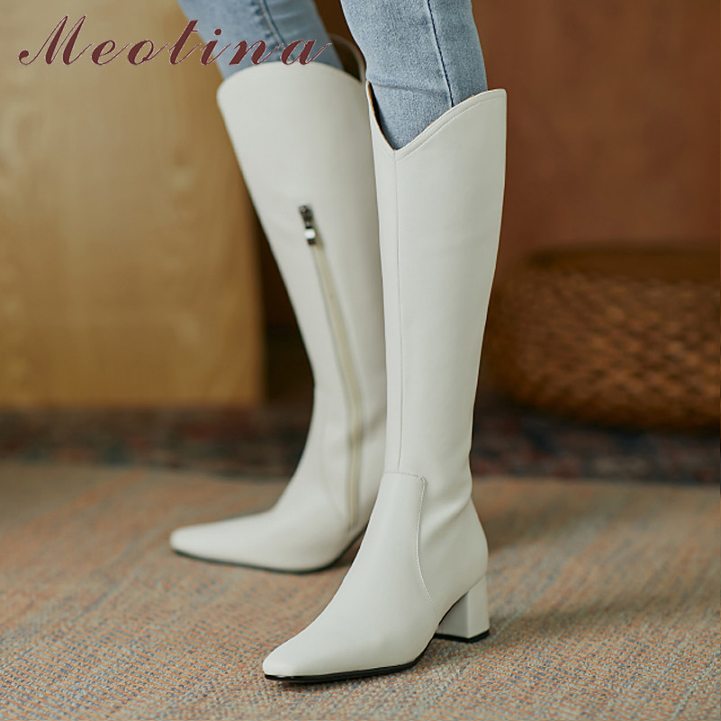 Square Toe Knee High Boots Woman Heel Western Block Long Zipper Ladies Shoes Autumn Winter Size 40 210517, Beige velvet lining