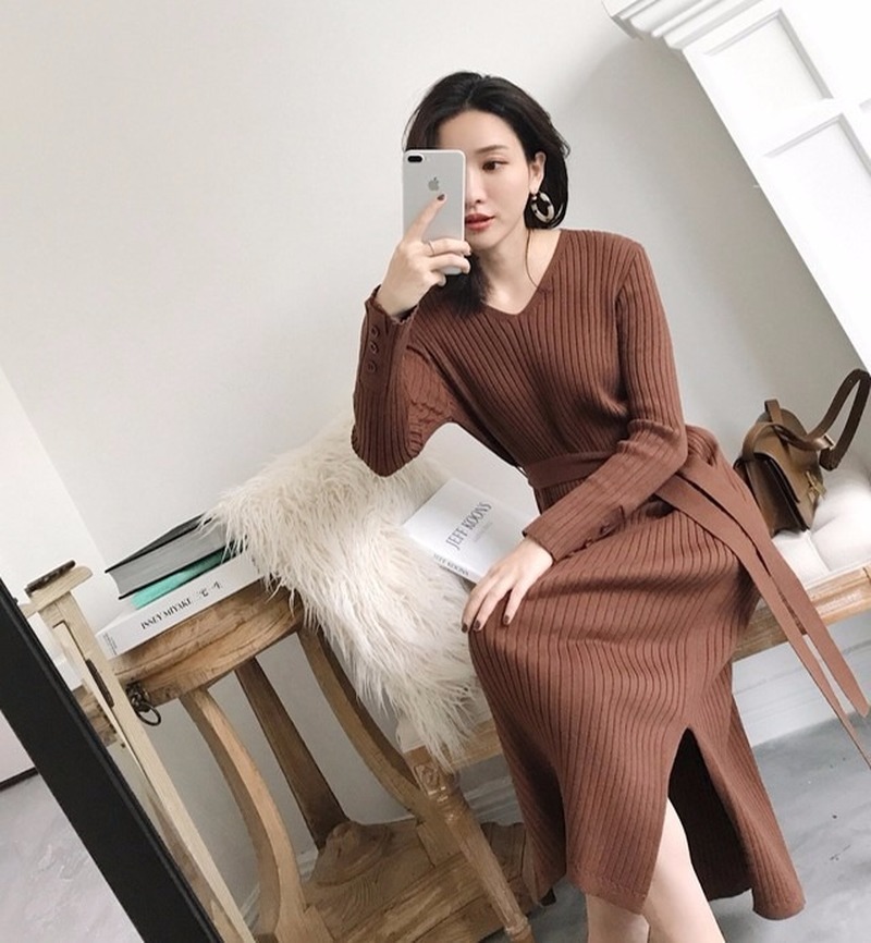 Fall / Winter Women's Long Sweater Dress Over The Knee Little Fragrance Sleeve Bottoming Slim Knit 210427