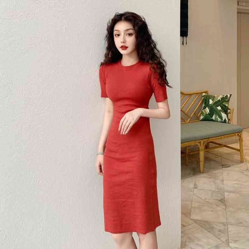 Summer Retro Pink High Elastic Wrap Hip Tight O Neck Short Sleeve Dress Women Mini Slim Waist All-match Basic Vestido Black 210429