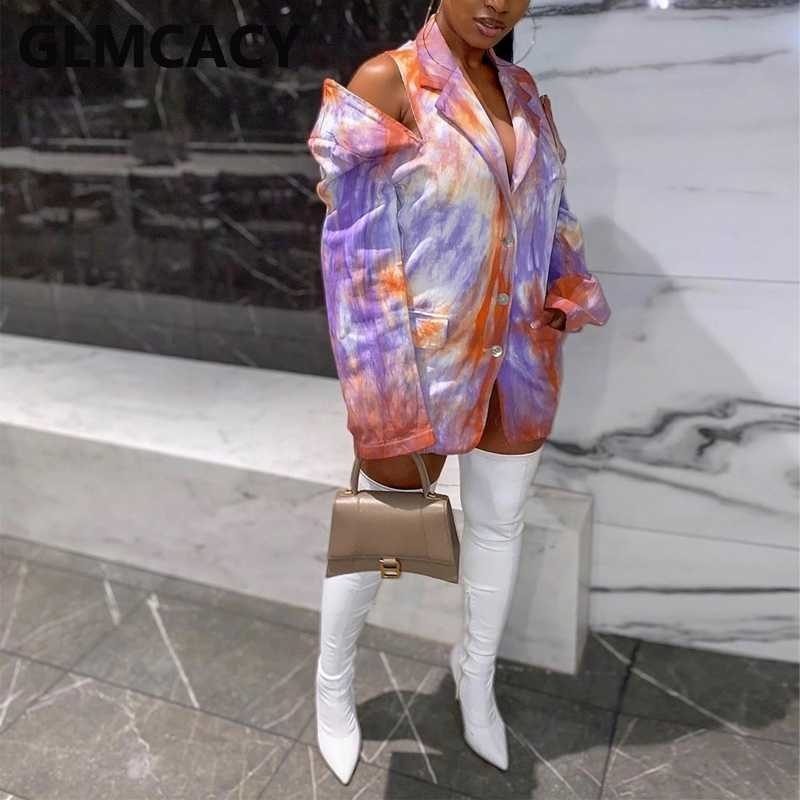 Women Abstract Printed Cold Shoulder Blazer Chic Notched Lapel Smart Casual Sport Coat 211122