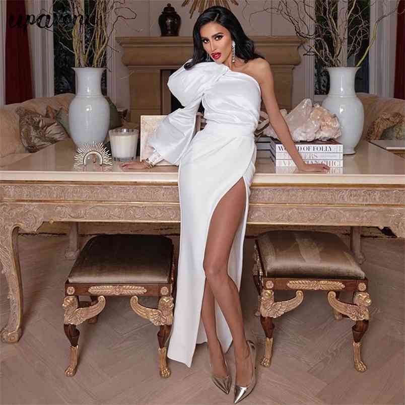Free Women's Club Party Sexy Long Dress Vestidos One Shoulder Lantern Sleeve White Bodycon Split Dresses 210524