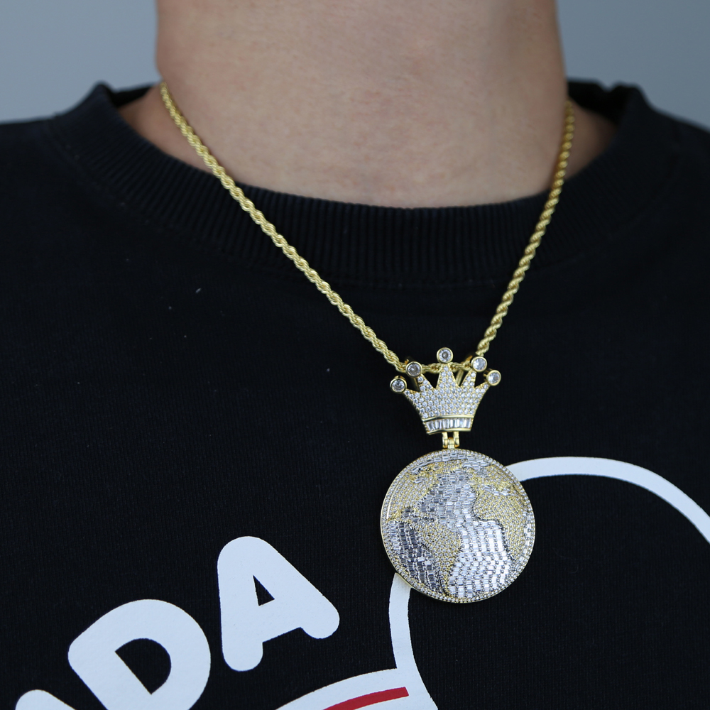 Bling 5A Cz Round Globle Pendant with Crown Shaped Necklace Full Iced Out Cubic Zirconia Hip Hop Custom Mens Cool Jewelry