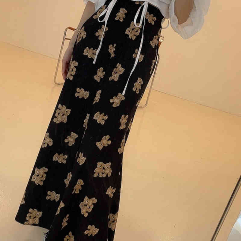 Nomikuma Korean Cartoon Bear Printed Skirt Spring Summer High Waist Women Mermaid Skirts Causal Elegant Faldas De Mujer 6H081 210427
