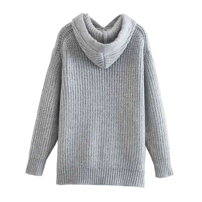 Streetwear Women Grey Loose Knit Hoodies Fashion Ladies Pocket Knitted Tops Causal Female Chic Oversize Pullovers 210430