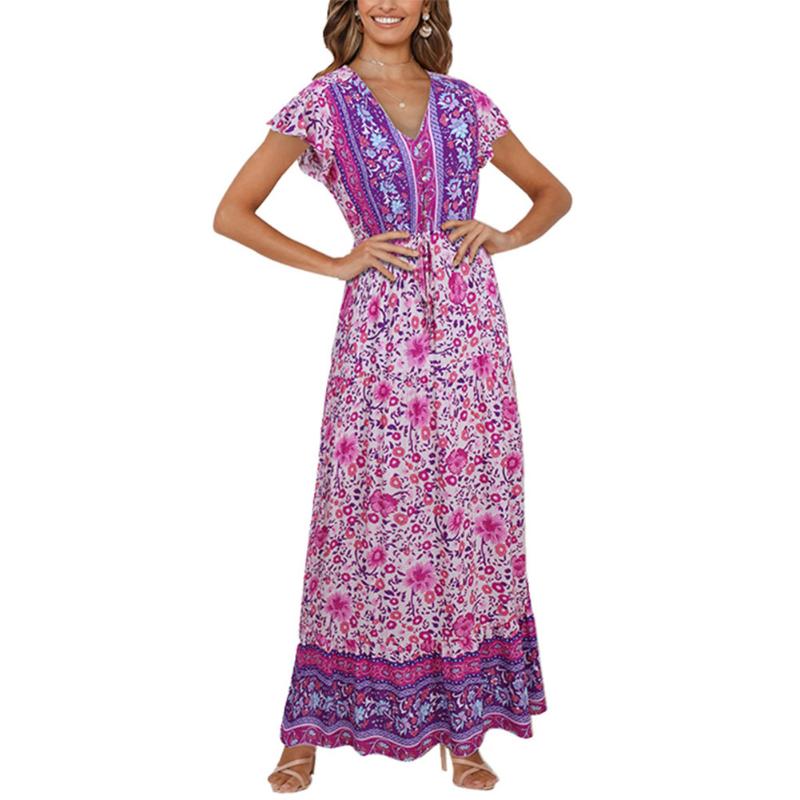 Casual Dresses Summer Women Printed Boho Long Maxi Dress Short Sleeve Kaftan Beach Sundress Bohemian Style Ladies