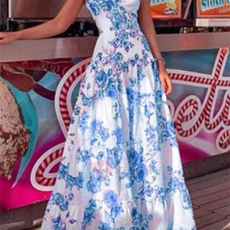 Women Dress Sleeveless Spaghetti Strap Printed Bohemia Sexy Floral Maxi es High Waist Large Hem Long es 210524
