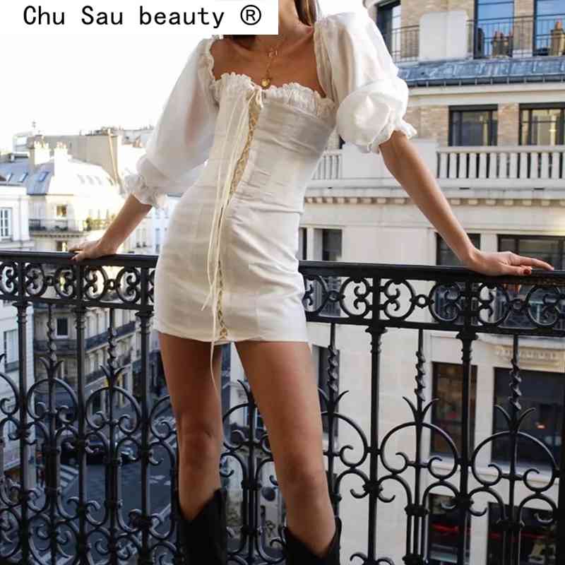 Summer Vintage Style White Cotton Long Sleeve Mini Dress Women Casual Fashion Back zipper Slim Dresses Female Vestidos 210514