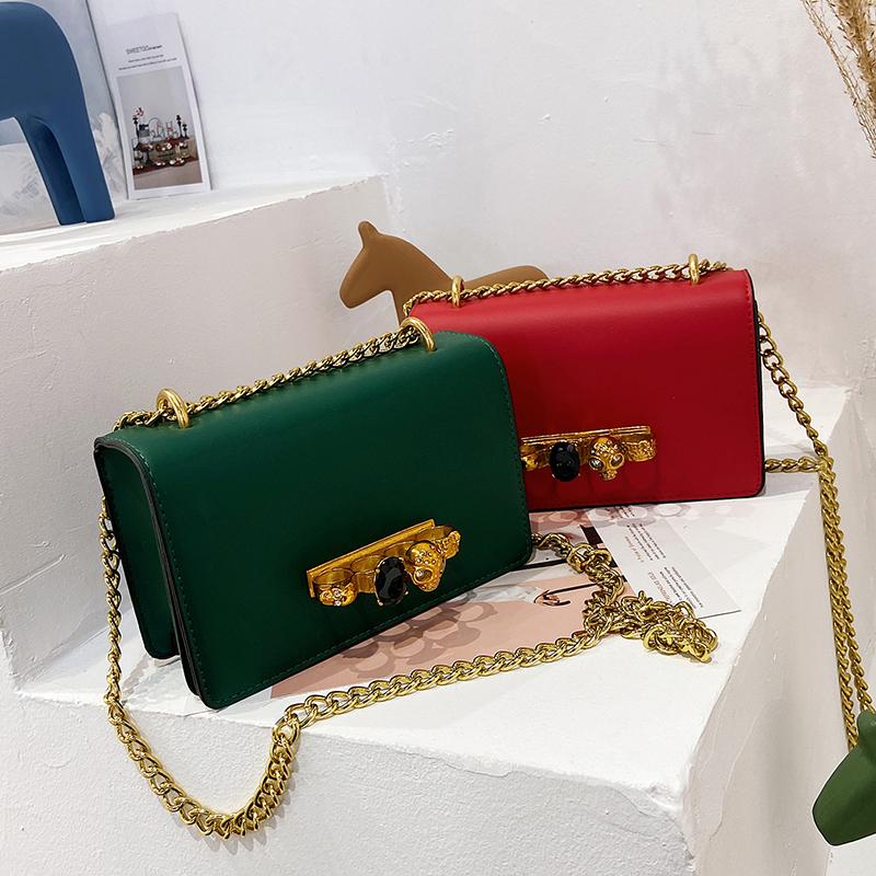 Cross Body Punk Skull Chain Clutch Women Bags 2021 Crystal Diamond Drilled Cranial Head Ring Fashion Handbag White Leather Shoulder Bag