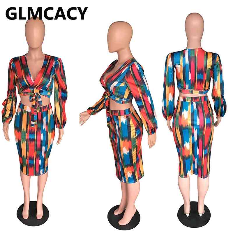 Women Long Sleeve Tie V Neck Crop Top and Midi Skirt Set Sexy Two Pieces Party Clubwear Elegant Boho Beachwear 210708