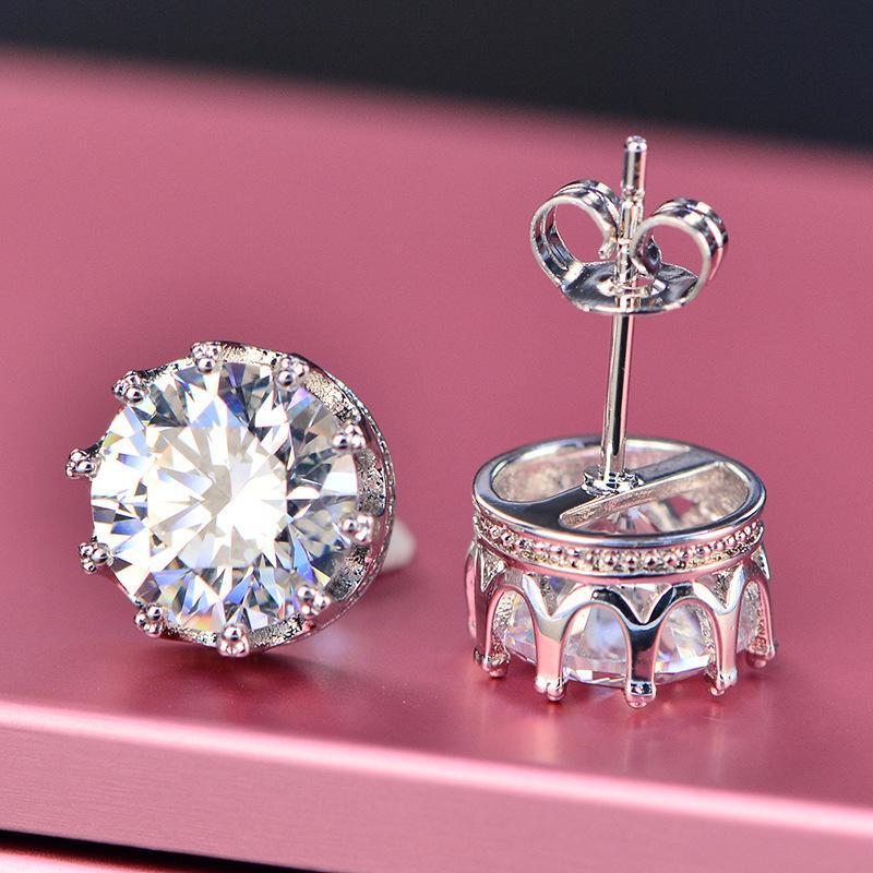 Lab Created Shiny White Moissanit 925 Sterling Silver Crown Stud Earrings Crystal Jewelry For Women Wedding Gift