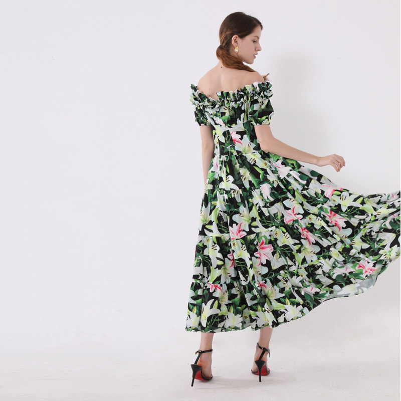 lily flower slash neck ruched high quality dress women summer maxi for party A-line soft robe es vestidos 210421