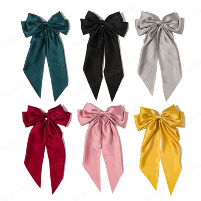 2021 Fashion Bowknot Streamer Hairpin Woman Girls Satin Ribbon Barrette Bow Back Head Spring Clip Headwear Female Hair Accessories