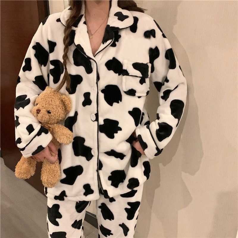 QWEEK Velvet Cow Print Pajama Woman Winter Warm Two Piece Set Sleepwear Pyjama Pour Femme Lounge Wear Trouser Suits thicken 210928