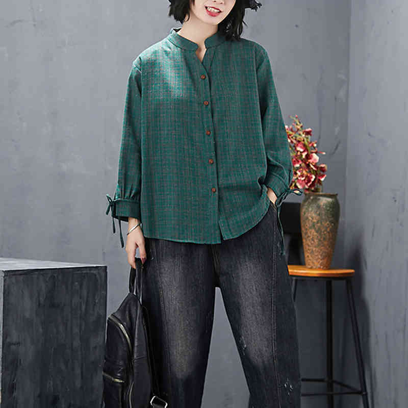 Spring Arts Style Women Long Sleeve Stand Collar Vintage Plaid Shirts Coat All-matched Casual Loose Blouse Female Tops S470 210512