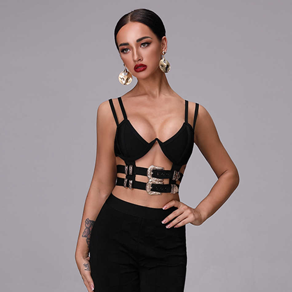 Metal Buckle Camisole Cropped Shirt Women's Short Jacket Black Sexy Hollow Backless Bandage Sleeveless Camisole Solid Color Vest 210625