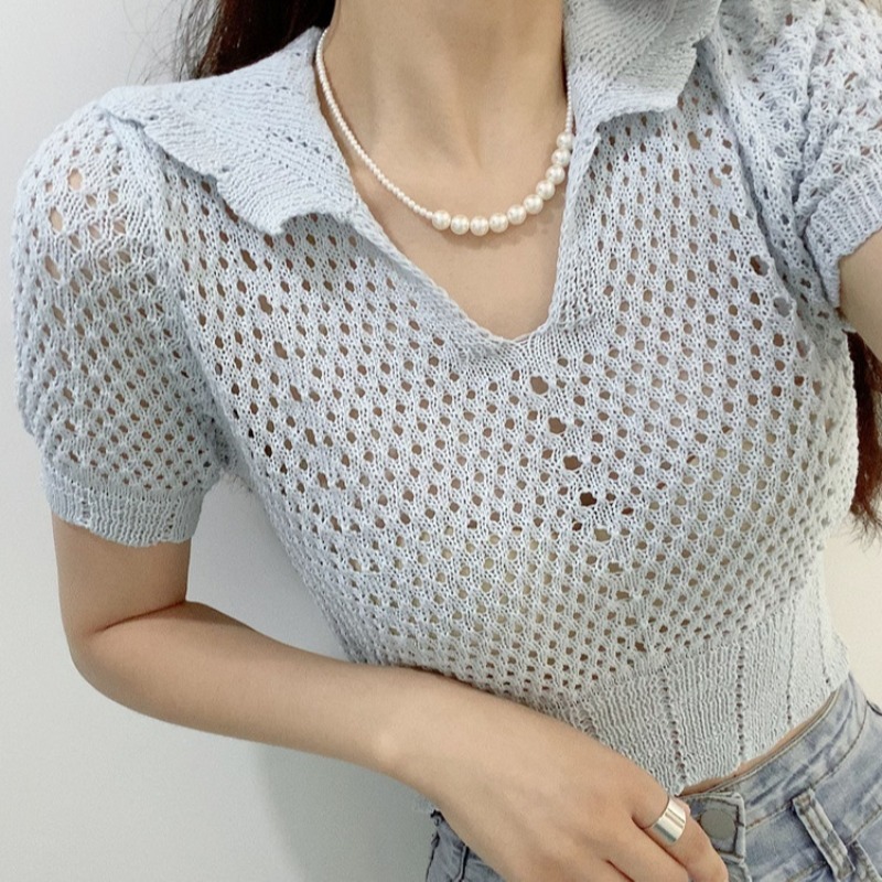 Thin Hollow T Shirts Women Sexy Summer Crop Tops Girls Slim T-shirt Korean Elegant Streetwear Aesthetic Y2k Top 210519