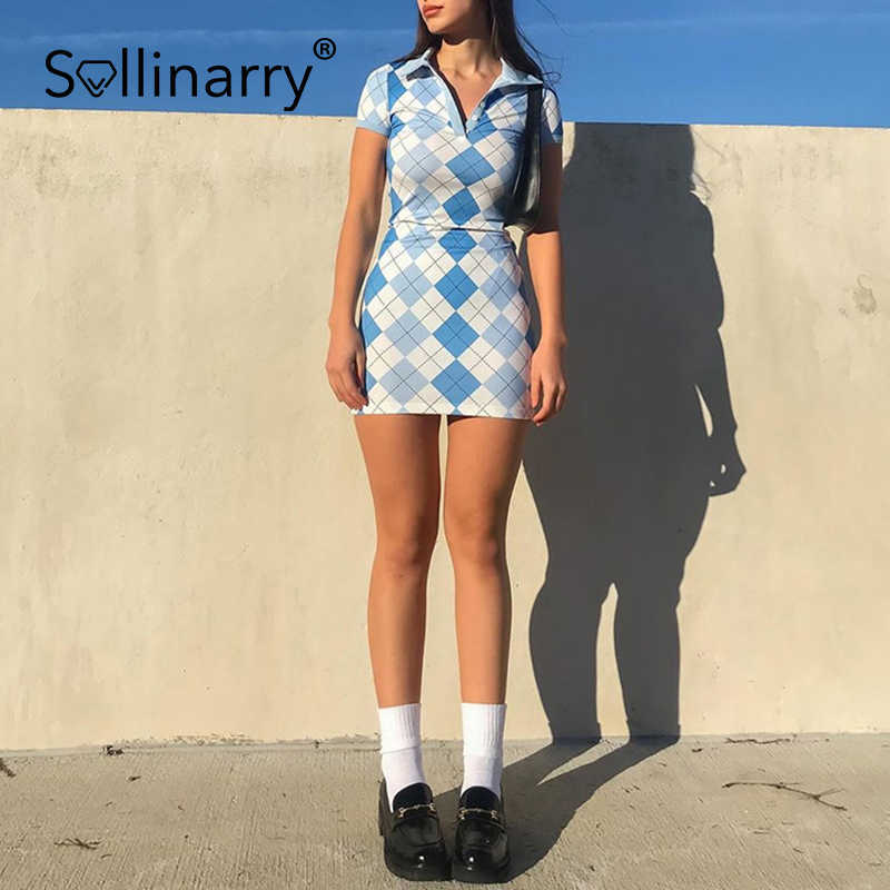 Sollinarry High street rhombic lattice polo collar short dress Slim fit blue summer dress Fashion causal streetwear dresses 210709