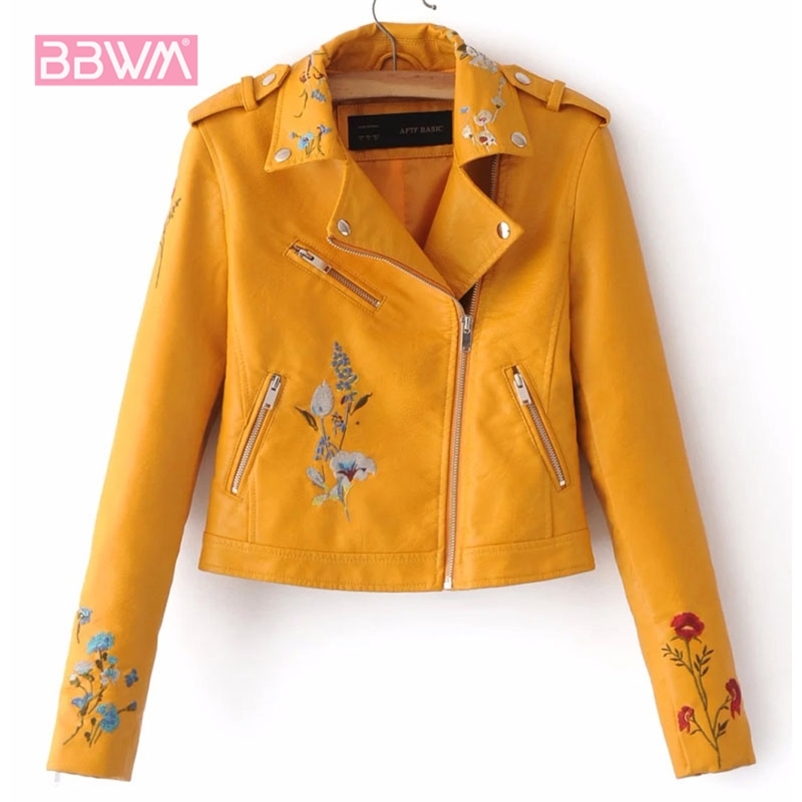 Embroidery female autumn Korean version of the lapel locomotive PU leather short-sleeved lapel jacket Yellow pink Coat 210507
