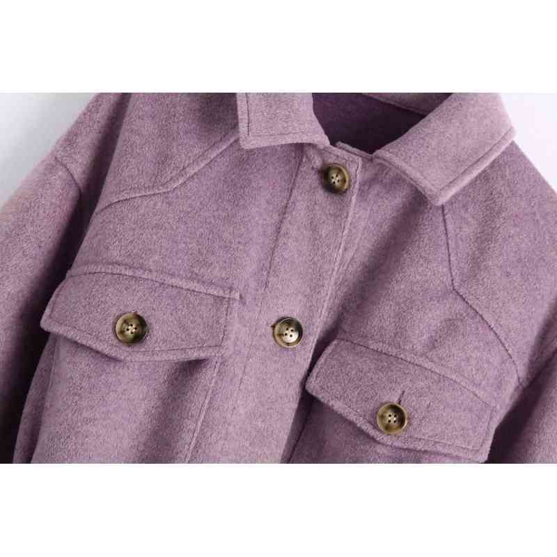 Fashion Women Wool Coats Autumn Purple Button-fly Ladies Long Jackets Casual Pockets Female Coat Sweet Girls Chic 210430