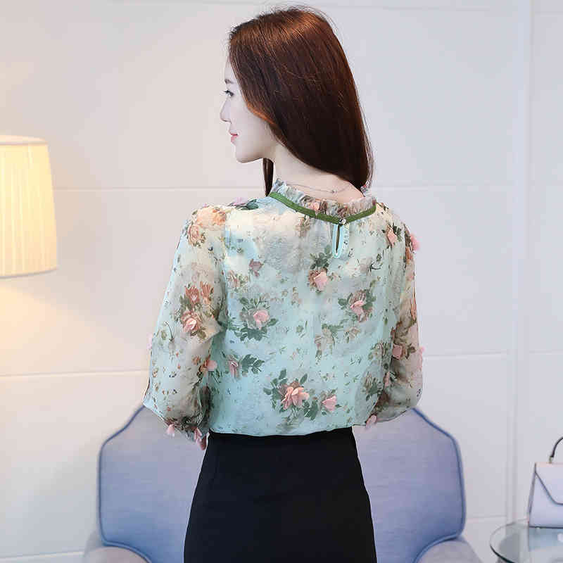 New Women Blouse Shirt Fashion Long Sleeve Sweet Print Women's Clothing Applique Ruffled Neck Feminine Tops Blusas D470 30 210323