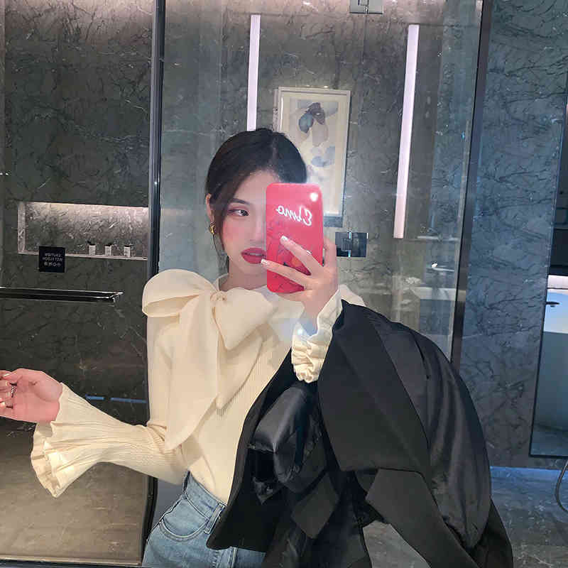 Women Pullovers Sweater Korean Elegant Bow Lacing Knitted Fashion Bottoming Jumper Office Ladies Tops Pull Femme 210519