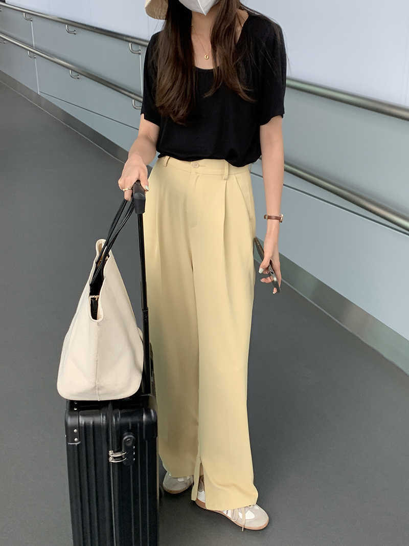 Qooth Womens Summer Straight Loose Split Pants Solid Drape Thin Causal Trousers Polyester High Waist with Pocket QT751 210609