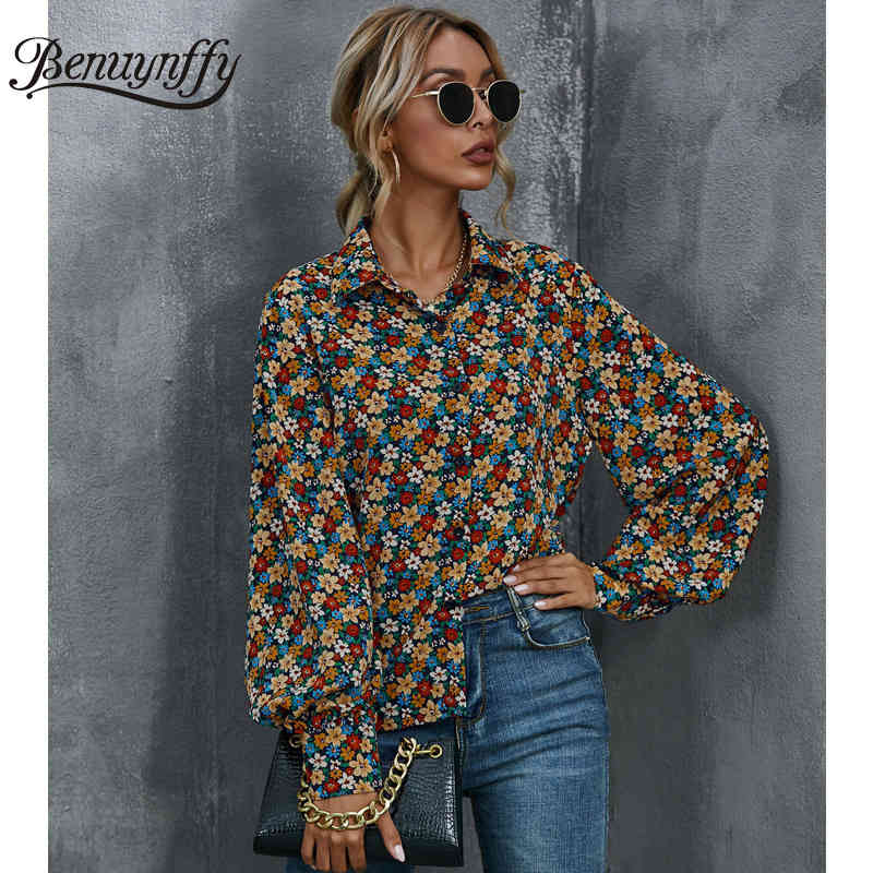 Turn-down Collar Bishop Sleeve Floral Shirt Top Women Spring Button Up Long Office Lady Casual Print Shirts 210510