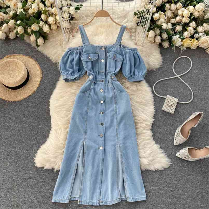 Summer Women Dress Puff Short Sleeve Hollow Out Backless Single-Breasted Off Shoulder Strap Slim Female Jeans Denim 210515, Black;gray 
Summer Women Dress Puff Short Sleeve Hollow Out Backless Single-Breasted Off Shoulder Strap Slim Female Jeans Denim 210515, Black;gray