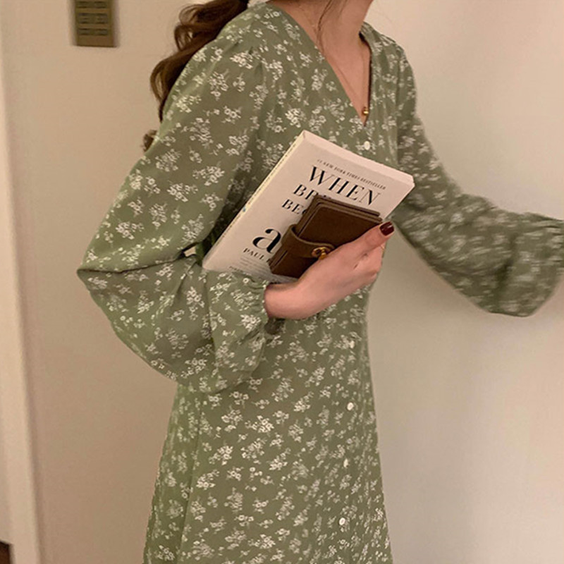 Spring womens Dress V neck Boho Sweet Party Long Sleeve women Autumn Floral dress Robe Vestido(X1802) 210423