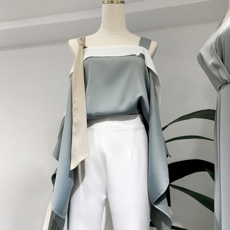 Casual Lace Up Shirt For Women Slash Neck Off Shoulder Batwing Sleeve Patchwork Blouse Female Autumn Fashion 210524