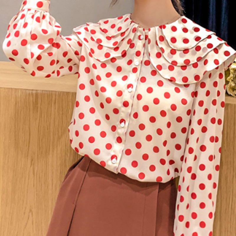 Autumn Fashion Women Tops Chiffon Blouses Long Sleeve Casual Polka Dot Clothing Sweet Ruffles Lady 5327 50 210508