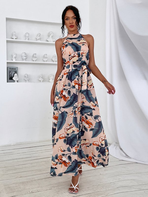 Tropical Print Halter Neck Maxi Dress SHE