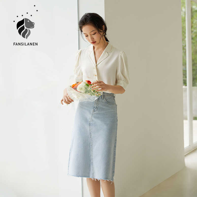 FANSILANEN Office Lady French Short Sleeved Shirt Women Summer Suit Collar Lantern Sleeve Ladies Tops 210607, Sky blue
FANSILANEN Office Lady French Short Sleeved Shirt Women Summer Suit Collar Lantern Sleeve Ladies Tops 210607, Sky blue