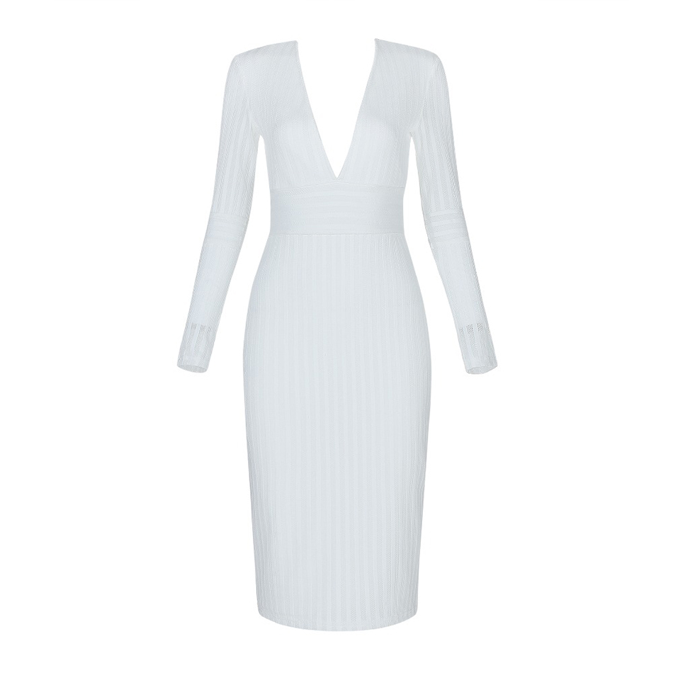 Free Women Striped Bandage Dress Sexy V-neck Long Sleeve Bodycon Knee-length Club Celebrity Party 210524