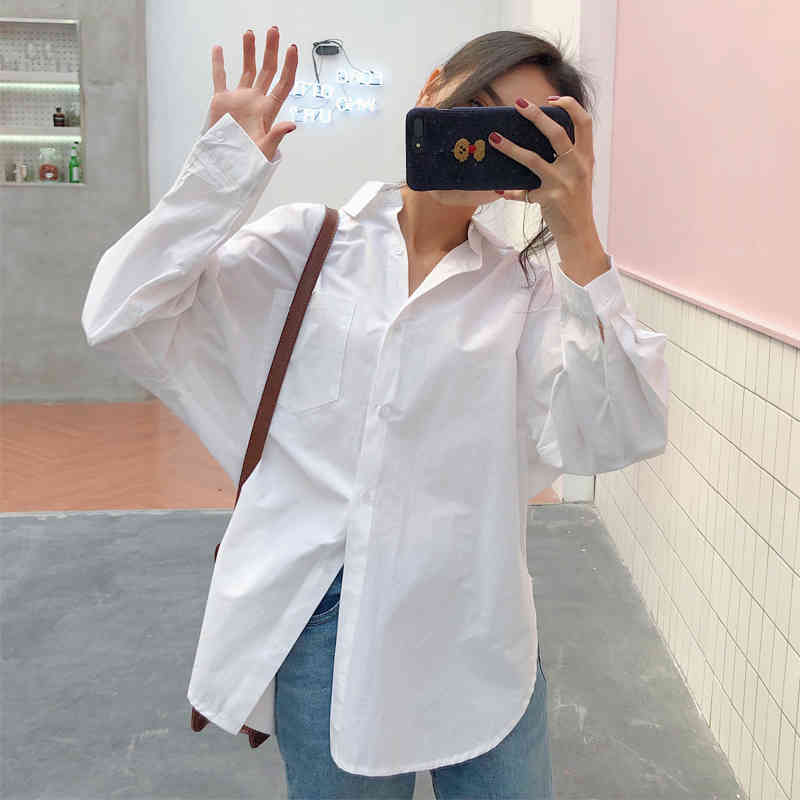 Autumn White Shirt Women Cotton Plus Size Vintage Ladies Tops Cardigan Long Sleeve Casual Loose Female Blouses Clothing 11456 210508