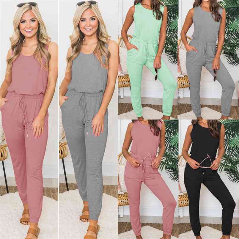 Summer Round Neck Pocket Jumpsuit Women Casual Solid Color Sleeveless Lace-Up Rompers Ladies Straight Playsuit 210517, Black 
Summer Round Neck Pocket Jumpsuit Women Casual Solid Color Sleeveless Lace-Up Rompers Ladies Straight Playsuit 210517, Black