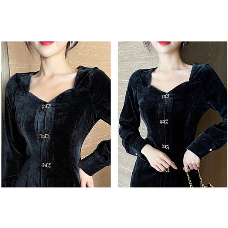 Spring And Autumn Women Vintage Square Collar Black Velvet Dress Ladies Chic Long Sleeve Single-Breasted A Line Vestido 210520