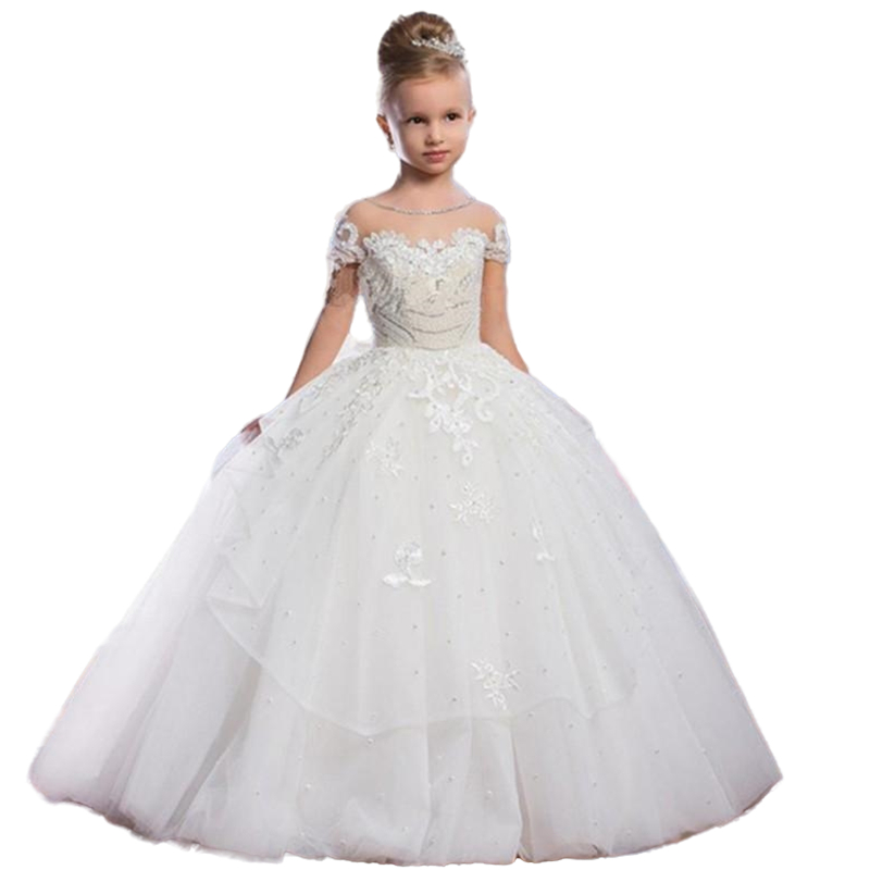 Floor Length White Princess Flower Girls Dresses For Wedding Party Jewel Neck Short Sleeves Appliques Lace Bow Beaded Long Kids Toddler Girl First Com